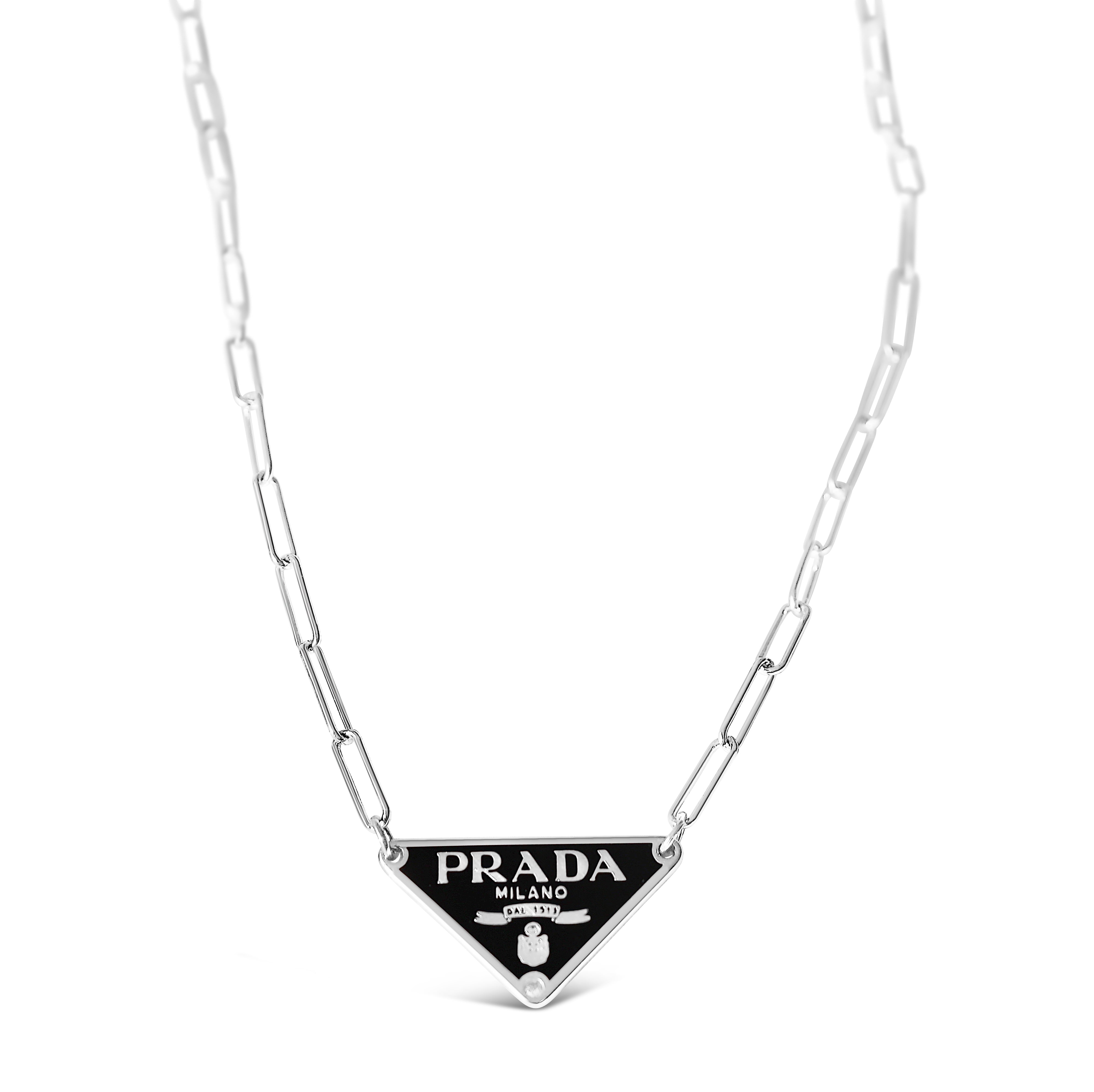 Rework Vintage Black Prada Logo on Silver Paperclip Chain