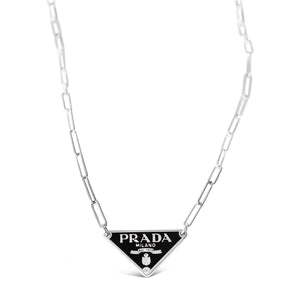Rework Vintage Black Prada Logo on Silver Paperclip Chain Necklace