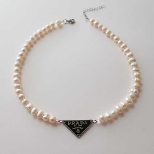 Rework Vintage Black Prada Tag on Freshwater Pearl Necklace