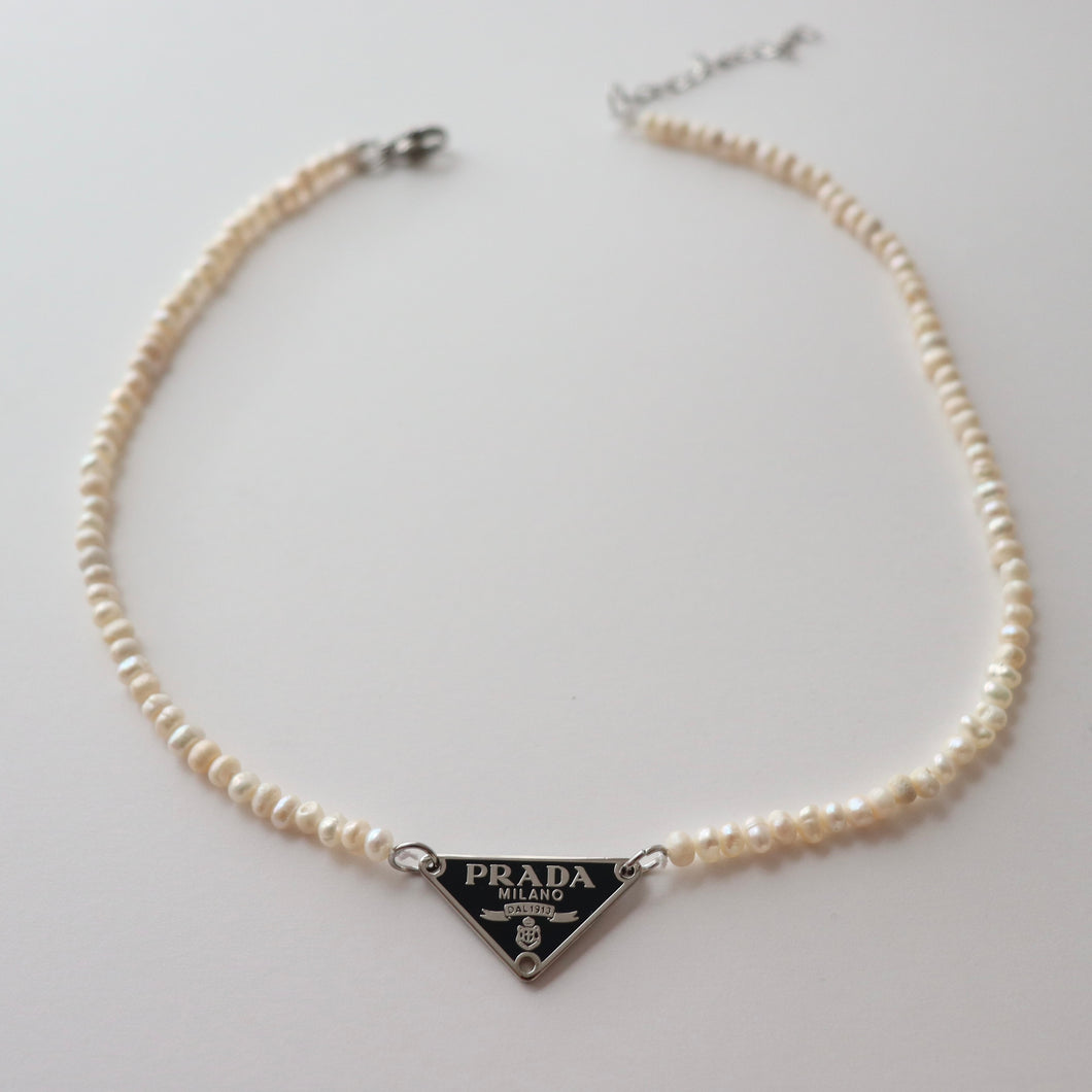 Rework Vintage Black Prada Tag on Mini Freshwater Pearl Necklace