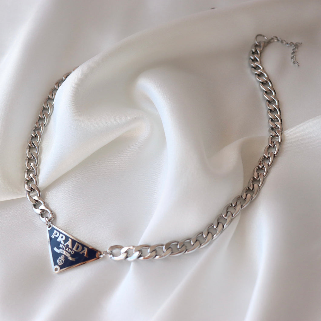 Rework Vintage Blue Prada Emblem on Necklace