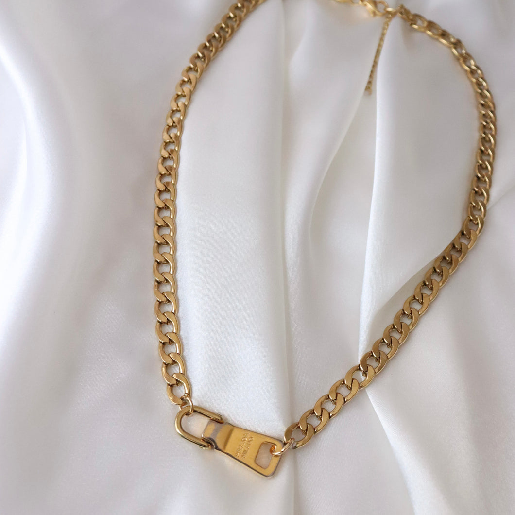 Rework Vintage Gold Prada Zipper on Necklace